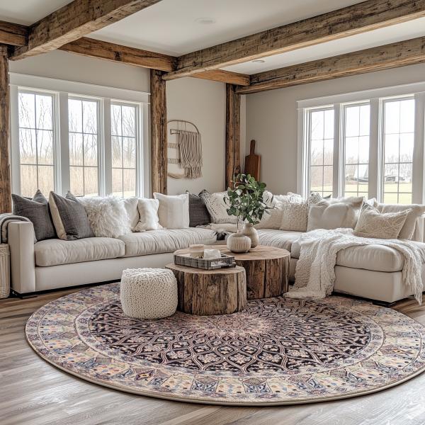 Bright living room in rustic style with wooden beams, comfortable corner sofa and round oriental rug